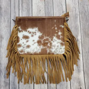 American Darling Tan and White Hide Fringe Cross Body Purse