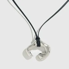 Asymmetrical Rhodium Plated Cuff Pendant Extra Long Leather Necklace