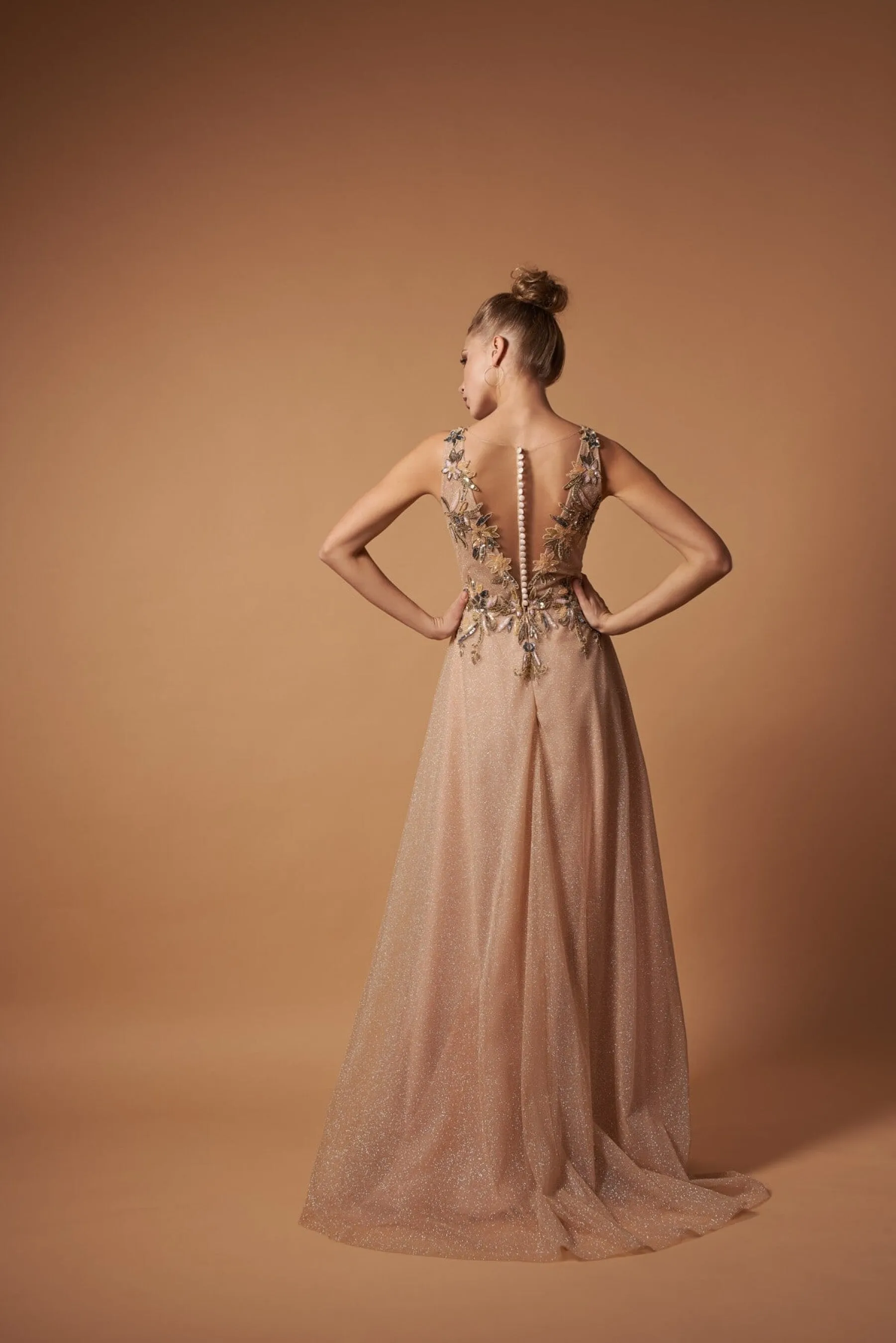 Beaded Embroidered Nude Champagne Gown