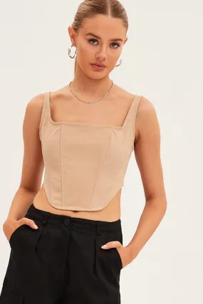 Beige Corset Top Sleeveless Square Neck Structured