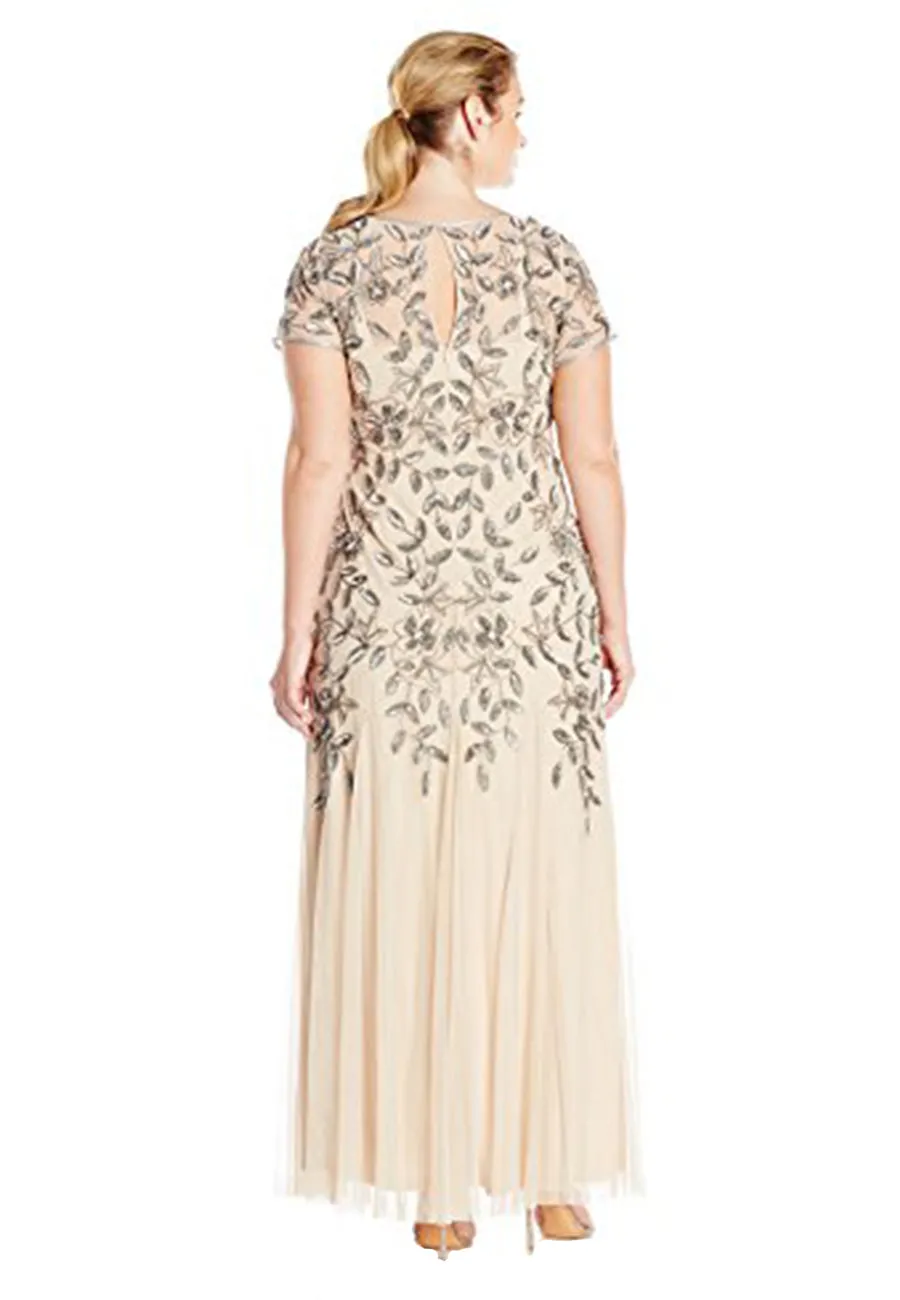 Beige Godet Floral Embellished Gown