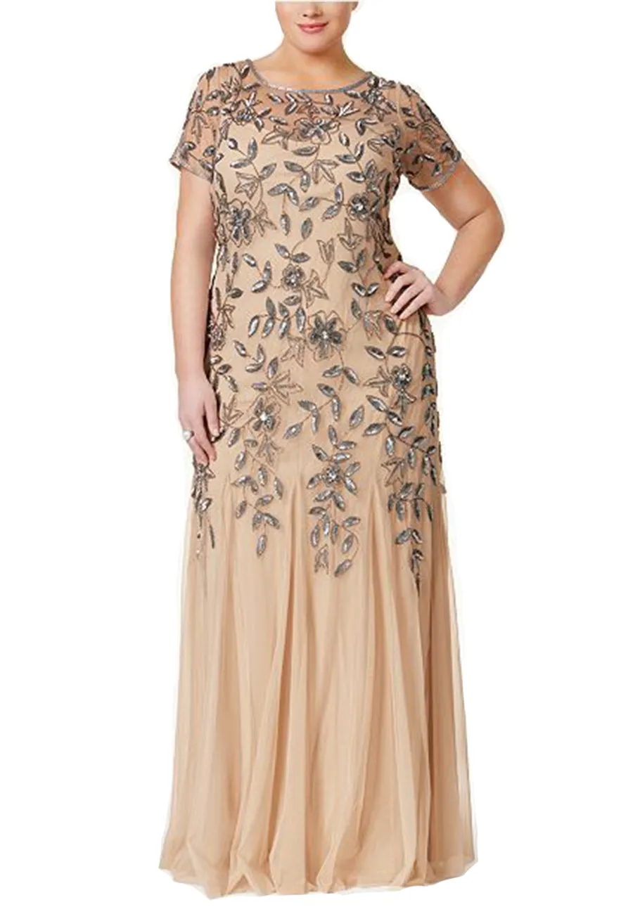 Beige Godet Floral Embellished Gown