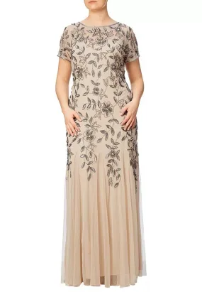 Beige Godet Floral Embellished Gown