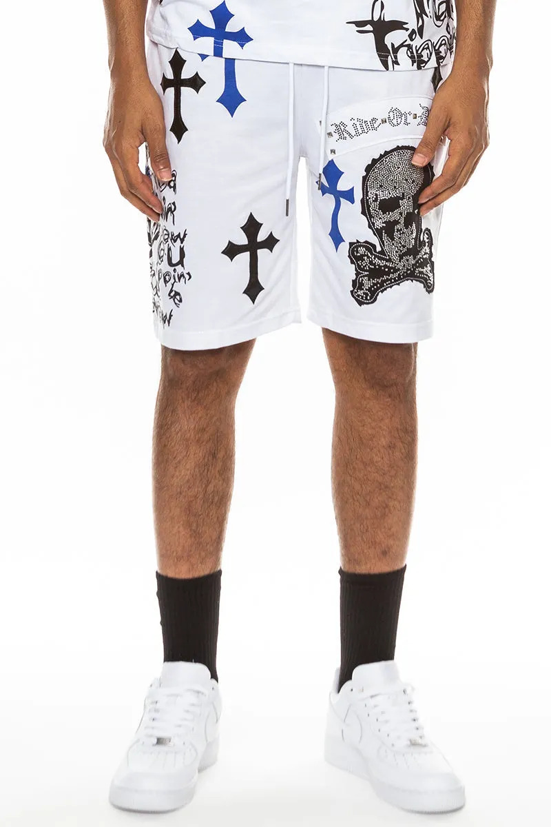 BEJEWELLED CHROME SKULL SHORTS