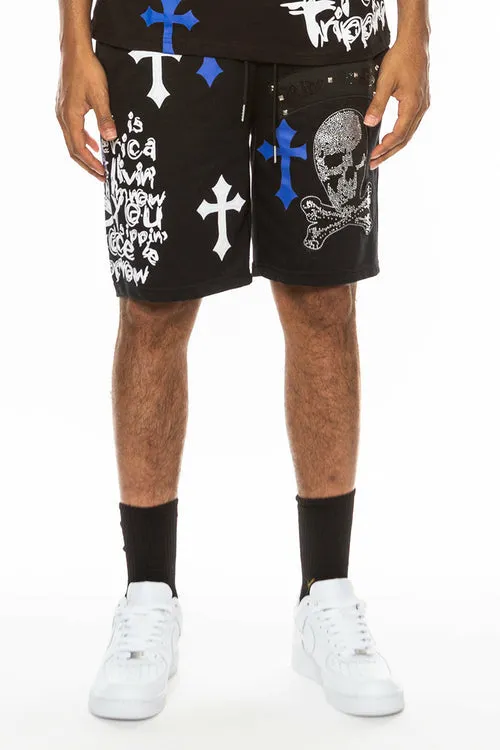 BEJEWELLED CHROME SKULL SHORTS