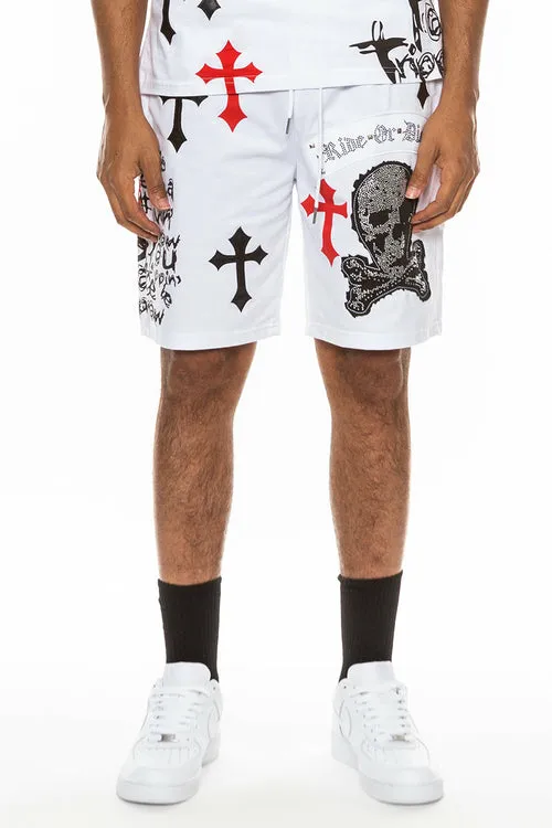 BEJEWELLED CHROME SKULL SHORTS