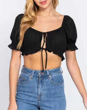 Black Chiffon Sweetheart Front Tie Crop Top