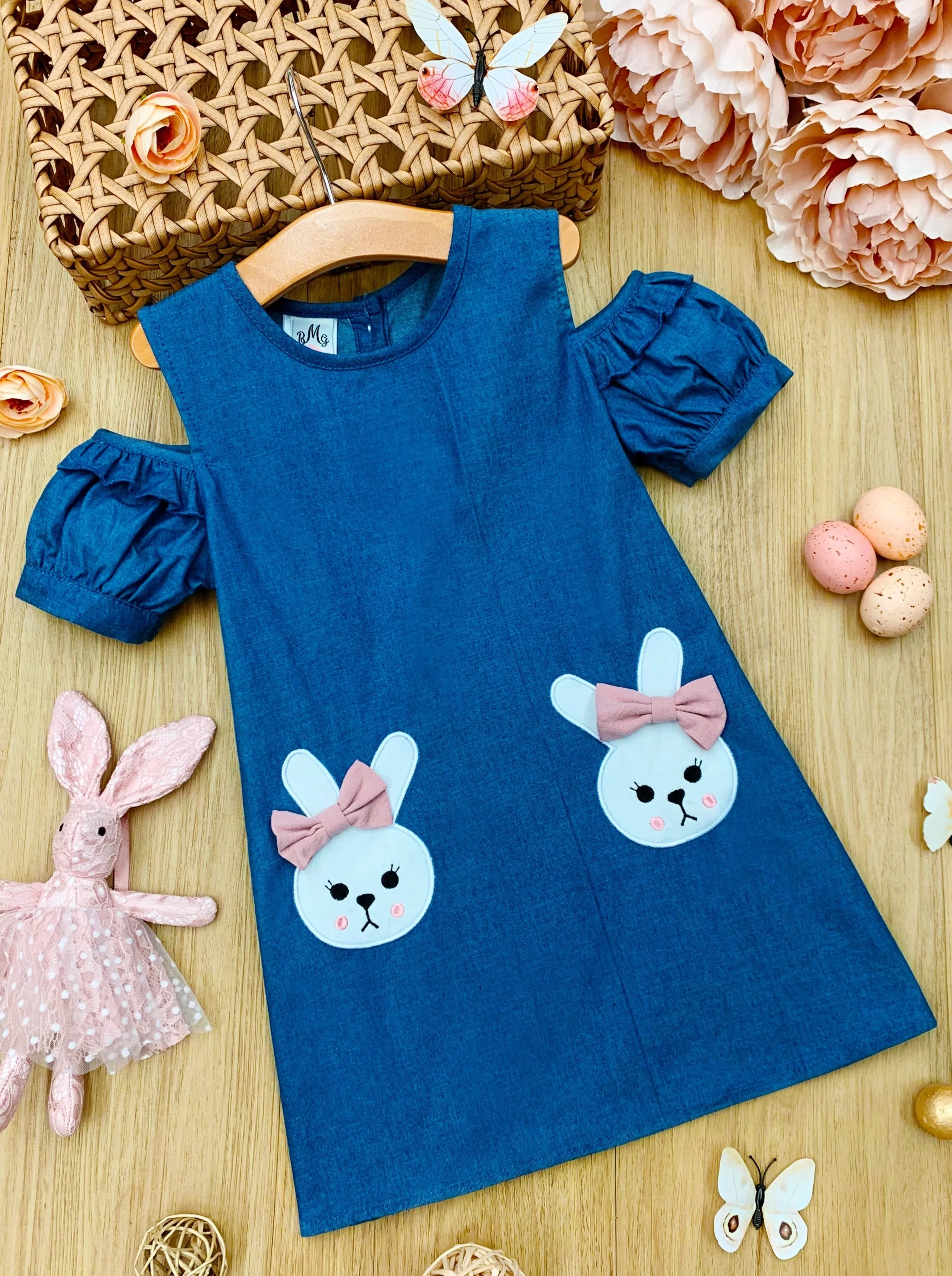 Bunny Bows Cold Shoulder Chambray Dress