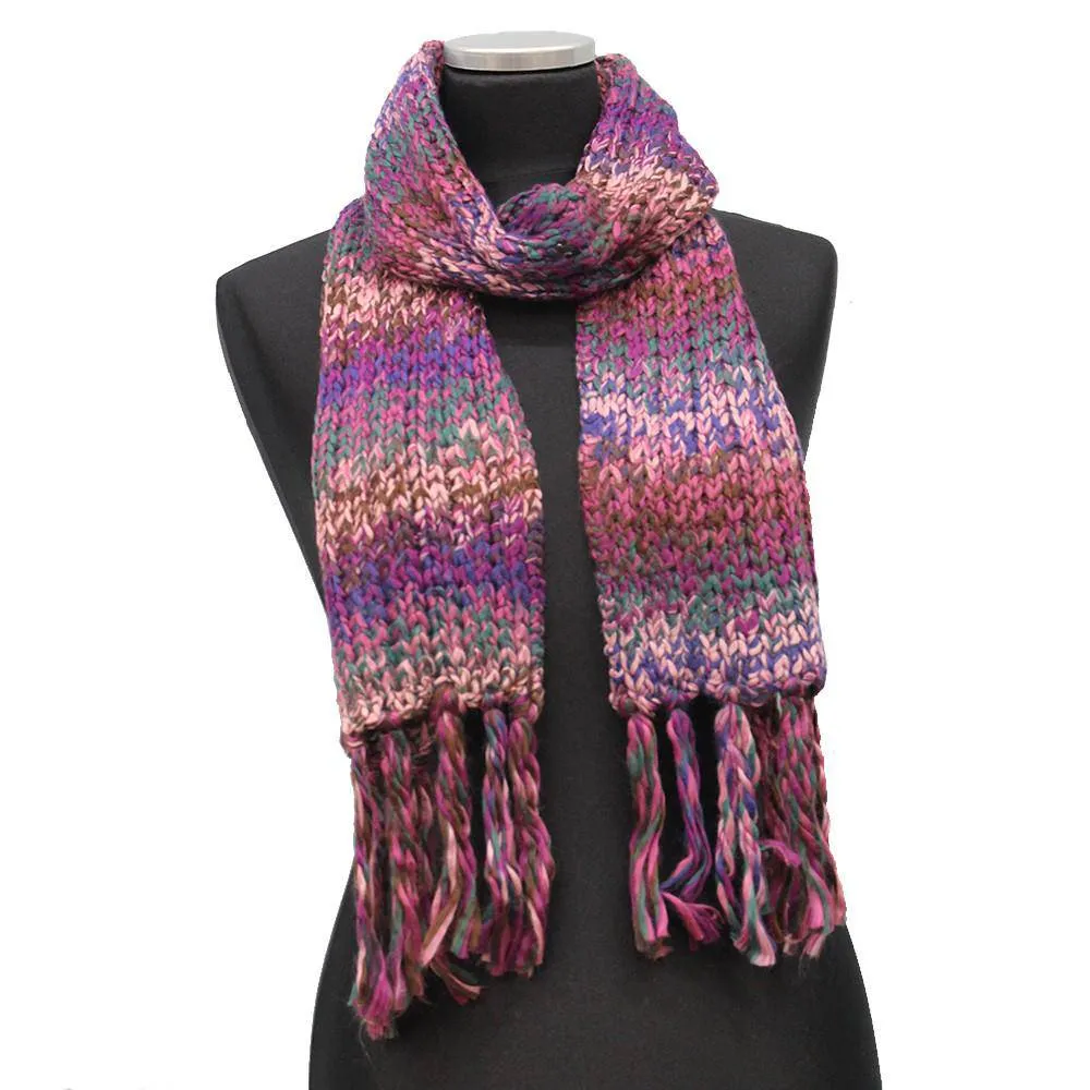 Chunky Marbled Knit Fringe Muffler - Purple/Pink