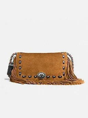 Coach Suede Dinky With Fringe Crossbody Leather Bag Khaki 86821