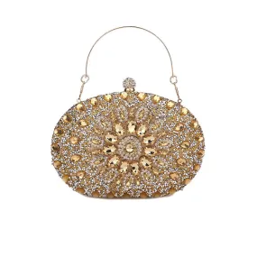 Extravagant Floral Crystal Embellished Metal Handle Oval Evening Clutch Bag