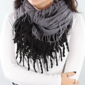 Infinity Scarf w/ Open Knit & Fringe-Black/Grey