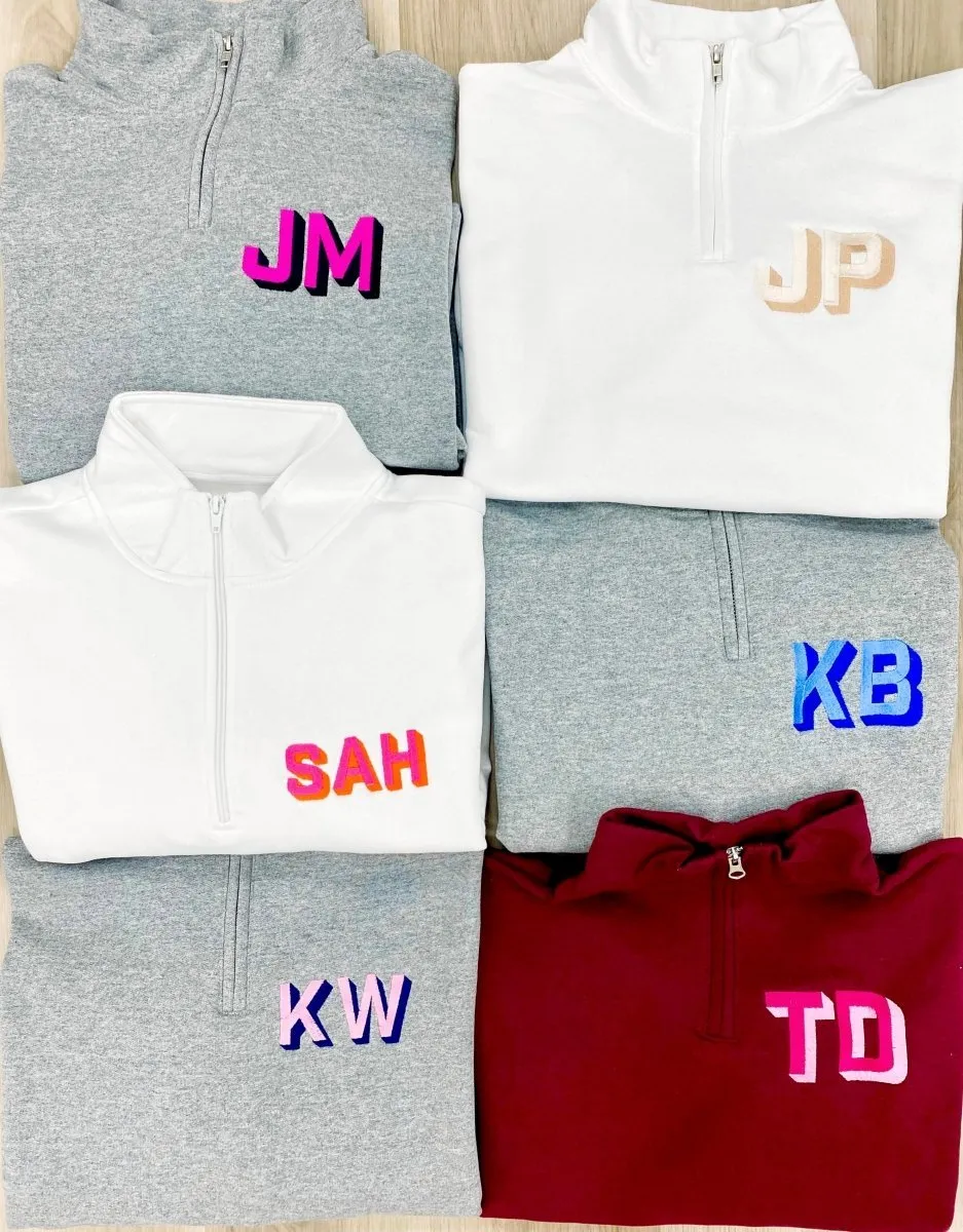 Initialed Shadow Block Letters Quarter Zip Sweatshirt