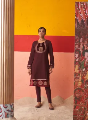 Maroon Women’s Woollen Kurti with Embroidered Yoke and Button Detailing on Cuffs