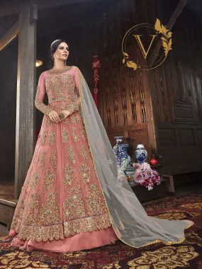 Peach Embroidered Net Salwar Kameez