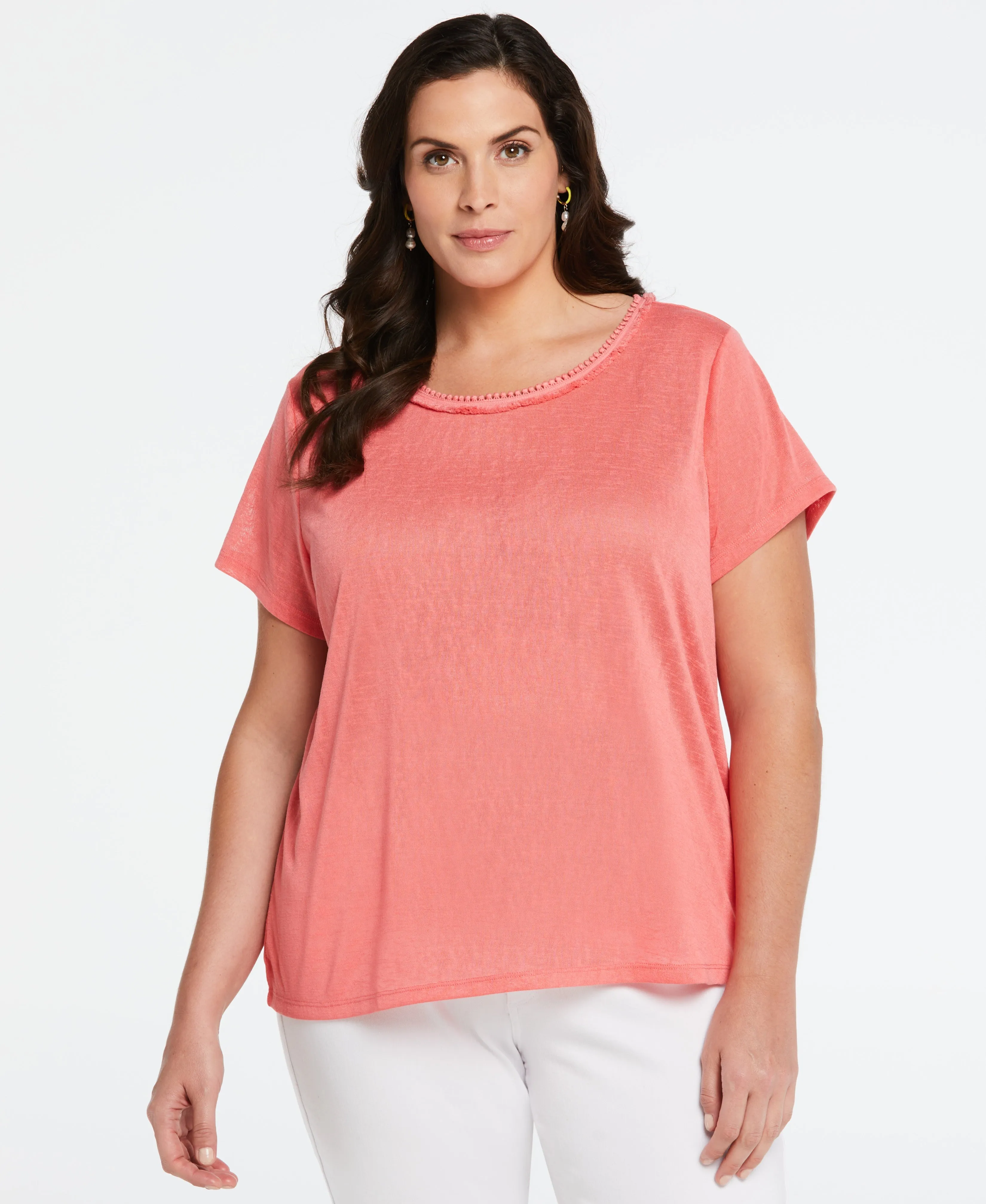 Plus Size Eco Fabric Short Sleeve Top with Decorative Trim