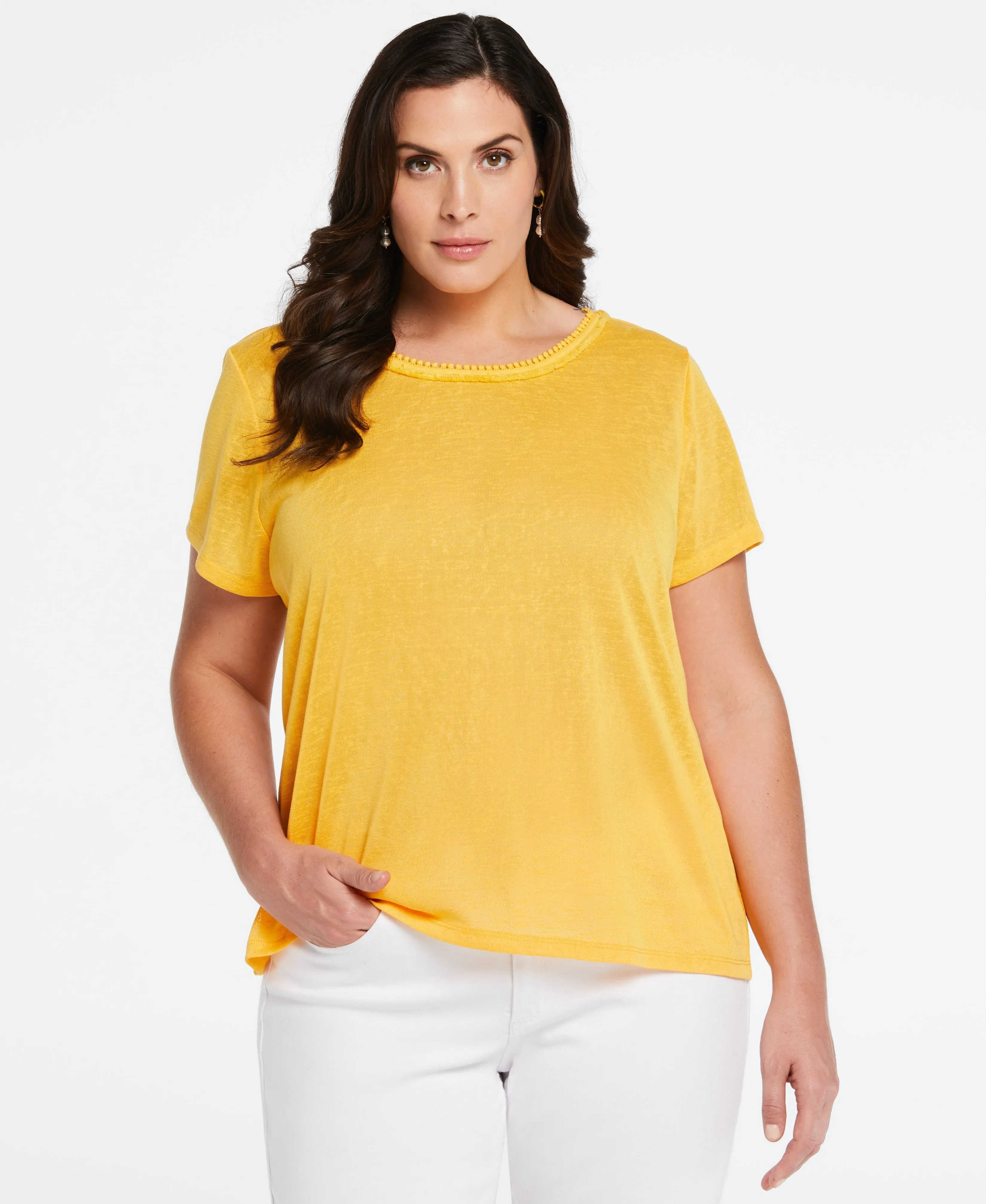 Plus Size Eco Fabric Short Sleeve Top with Decorative Trim