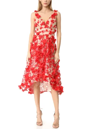 Red AppliquǸ Flowers Structured Tulle Midi Dress