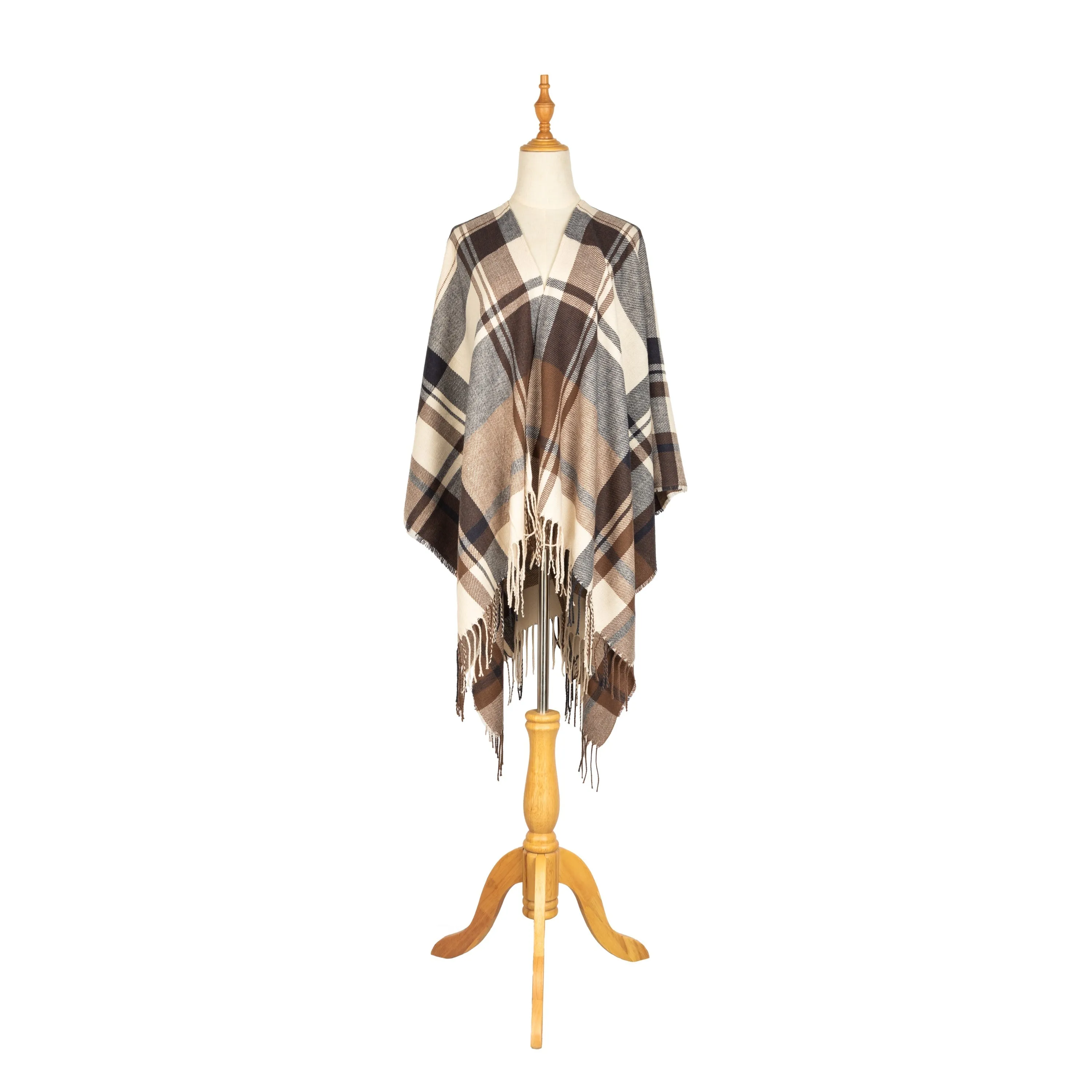 Savannah - Women's Woven Plaid Open Front Poncho