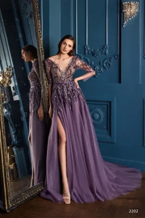 Sensual Embellished Long Sleeved Purple Dress with Train