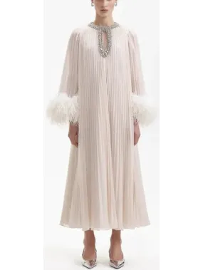 Women’s Chiffon Pleated Feather-Trim Embellished Dress, Creamy Beige